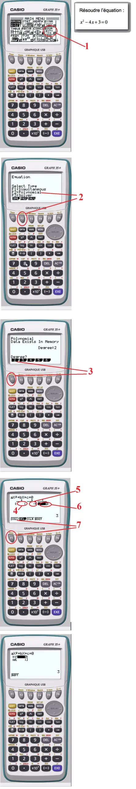 Résoudre équation second degré calculatrice Casio GRAPH 35+E